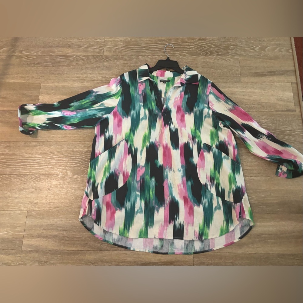 For Cynthia Linen Blend Brushstroke Blouse Multicolor 1X Tunic Artsy Abstract - Picture 2 of 5